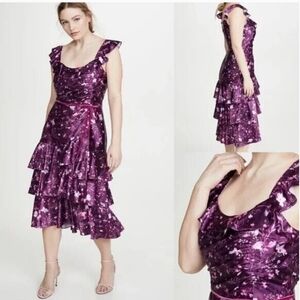 NWT Marchesa Notte Floral Draped Charmeuse Tiered Ruffle Dress Satin Purple Sz 6